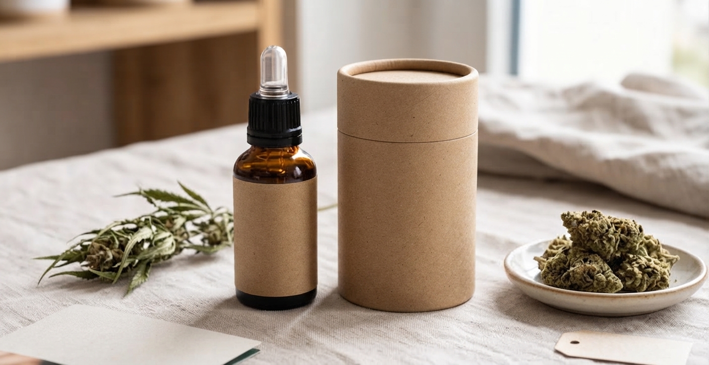 Sélection de produits CBD avec packaging professionnel et étiquetage clair sur fond neutre