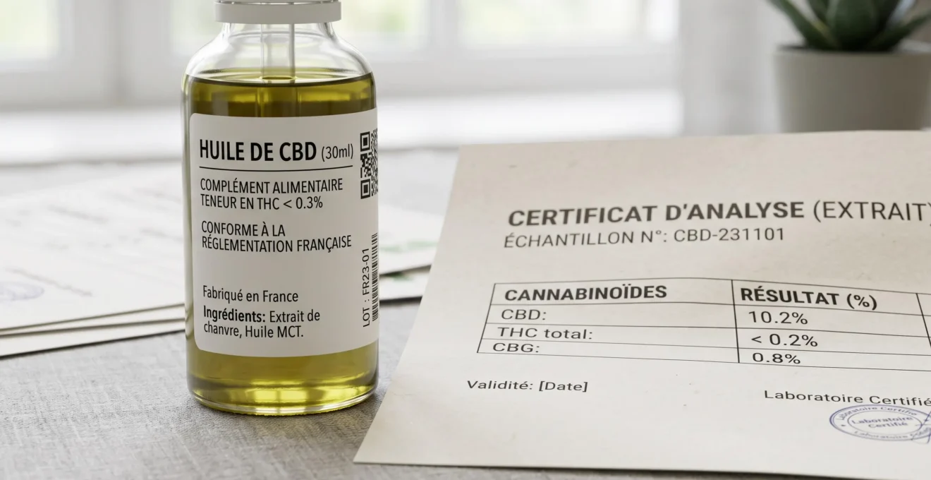 Flacon de CBD avec étiquetage légal et certificat d'analyse de laboratoire sur une surface neutre